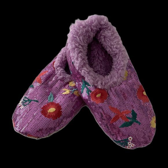 NWOT Snoozies Sequined Floral Slippers Purple Size M (7/8) - Picture 1 of 7